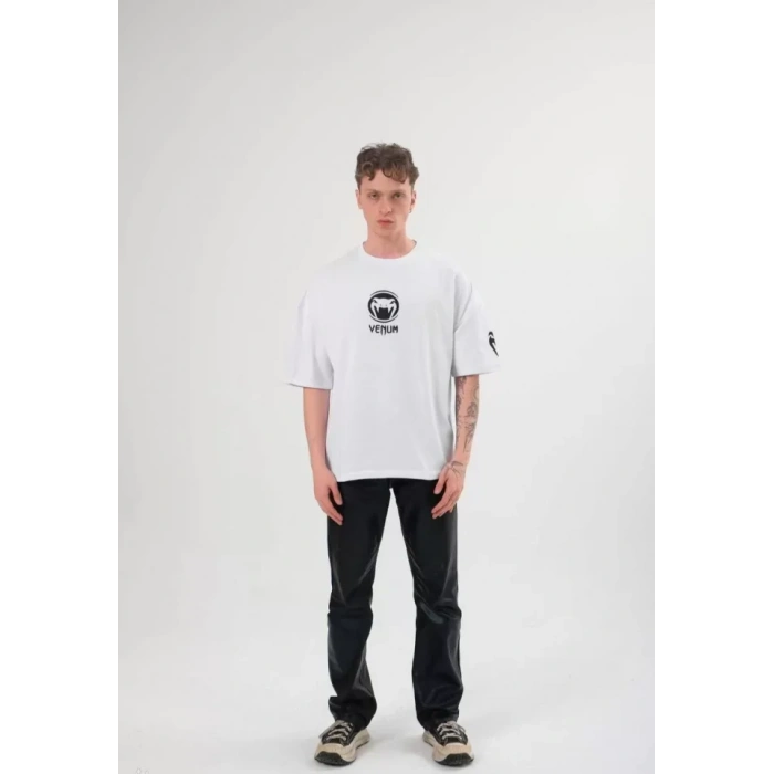 MDB Unisex Bisiklet Yaka Baskılı Oversize Thirt  Beyaz