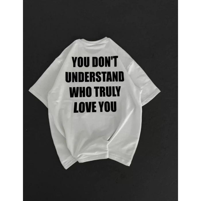 MDB Unisex Bisiklet Yaka Baskılı Oversize Thirt  Beyaz