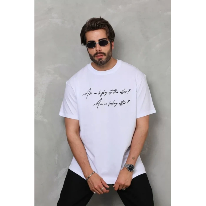 MDB Unisex Bisiklet Yaka Baskılı Oversize Thirt  Beyaz