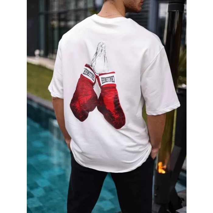 MDB Unisex Bisiklet Yaka Baskılı Oversize Thirt  Beyaz