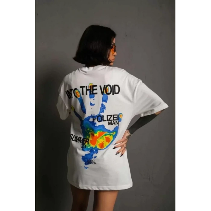 MDB Unisex Bisiklet Yaka Baskılı Oversize Thirt  Beyaz