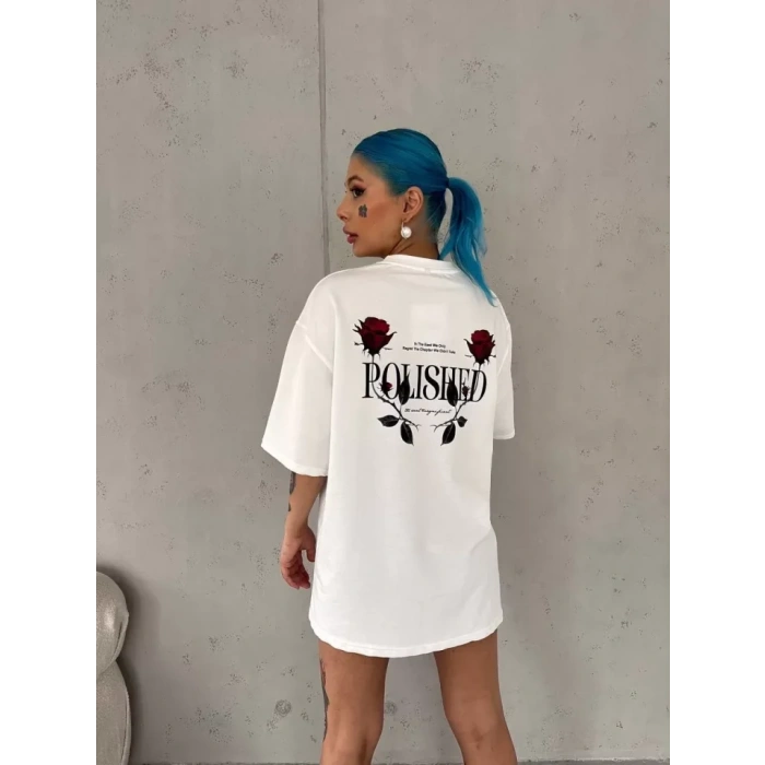 MDB Unisex Bisiklet Yaka Baskılı Oversize Thirt  Beyaz