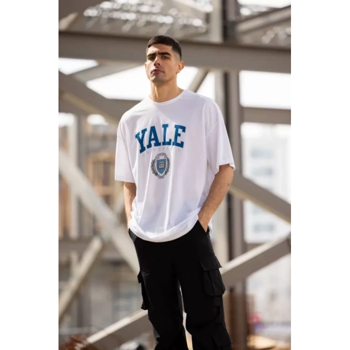 MDB Unisex Bisiklet Yaka Baskılı Oversize Thirt  Beyaz