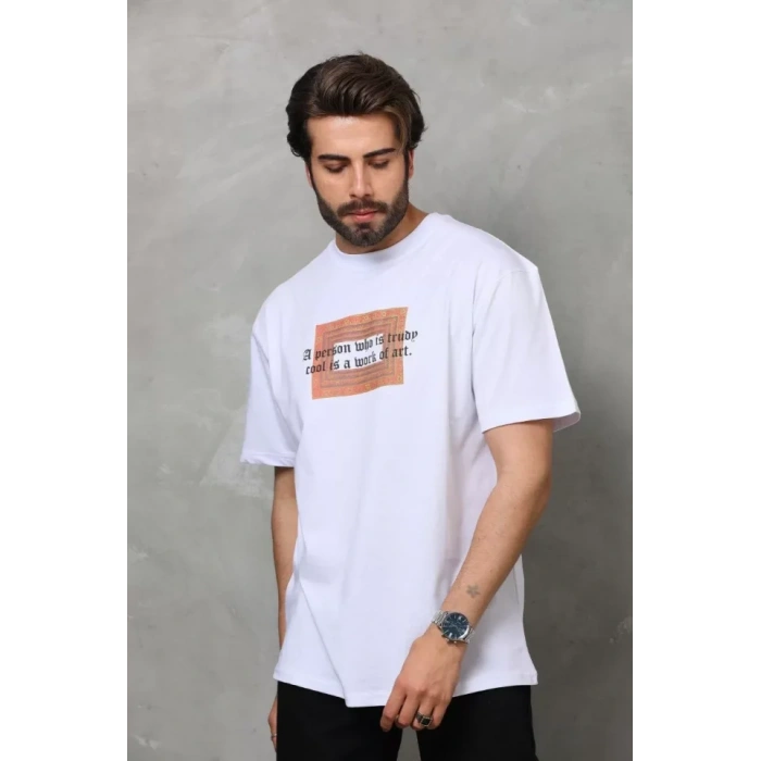 MDB Unisex Bisiklet Yaka Baskılı Oversize Thirt  Beyaz