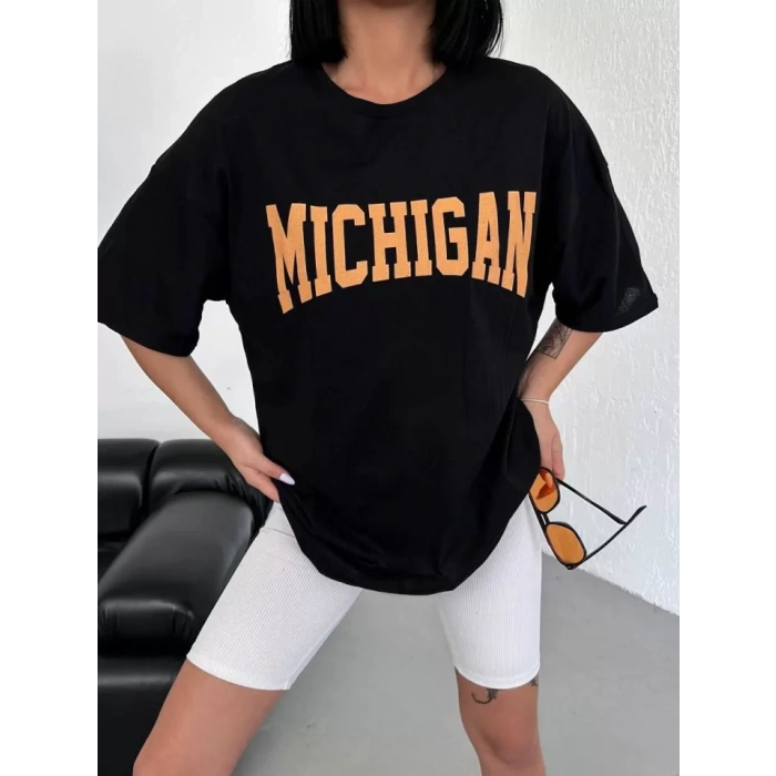 MDB Unisex Bisiklet Yaka Baskılı Oversize Thirt  Beyaz