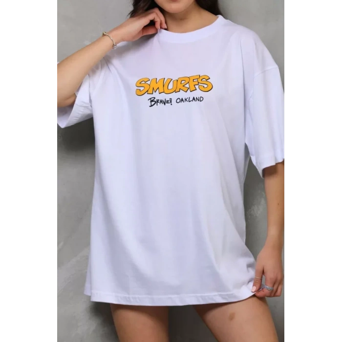 MDB Unisex Bisiklet Yaka Baskılı Oversize Thirt  Beyaz