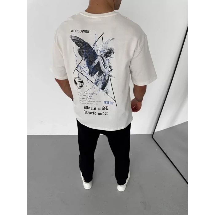 MDB Unisex Bisiklet Yaka Baskılı Oversize Thirt  Beyaz