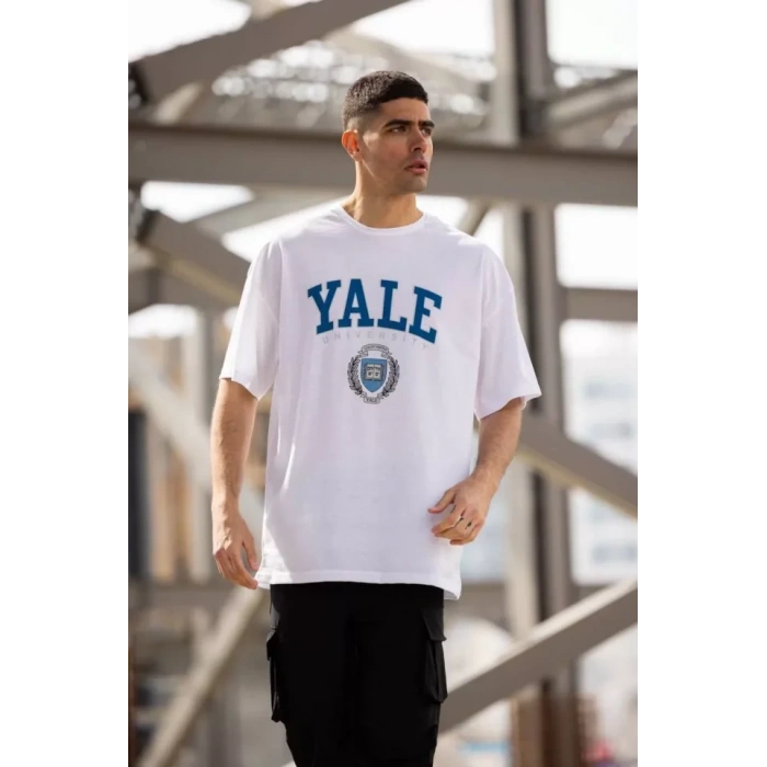 MDB Unisex Bisiklet Yaka Baskılı Oversize Thirt  Beyaz