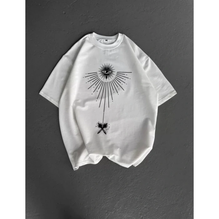 MDB Unisex Bisiklet Yaka Baskılı Oversize Thirt  Beyaz