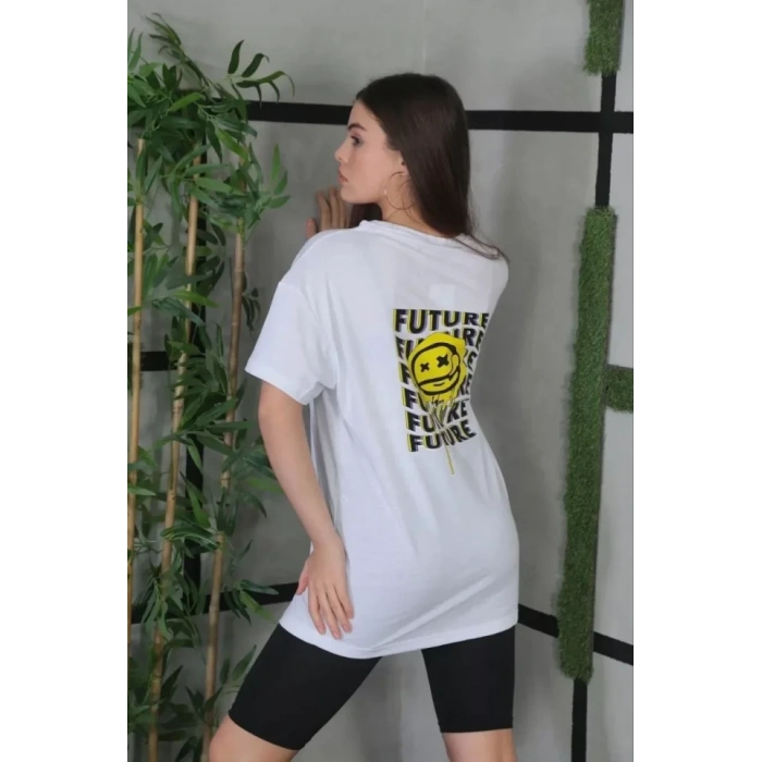 MDB Unisex Bisiklet Yaka Baskılı Oversize Thirt  Beyaz