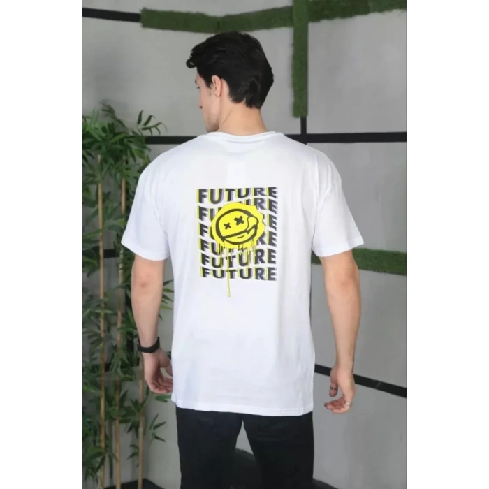 MDB Unisex Bisiklet Yaka Baskılı Oversize Thirt  Beyaz