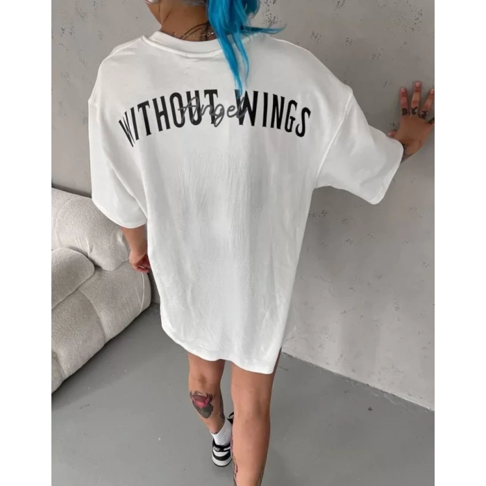 MDB Unisex Bisiklet Yaka Baskılı Oversize Thirt  Beyaz