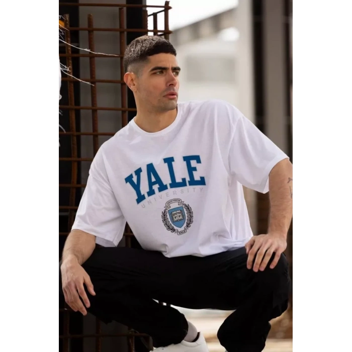 MDB Unisex Bisiklet Yaka Baskılı Oversize Thirt  Beyaz