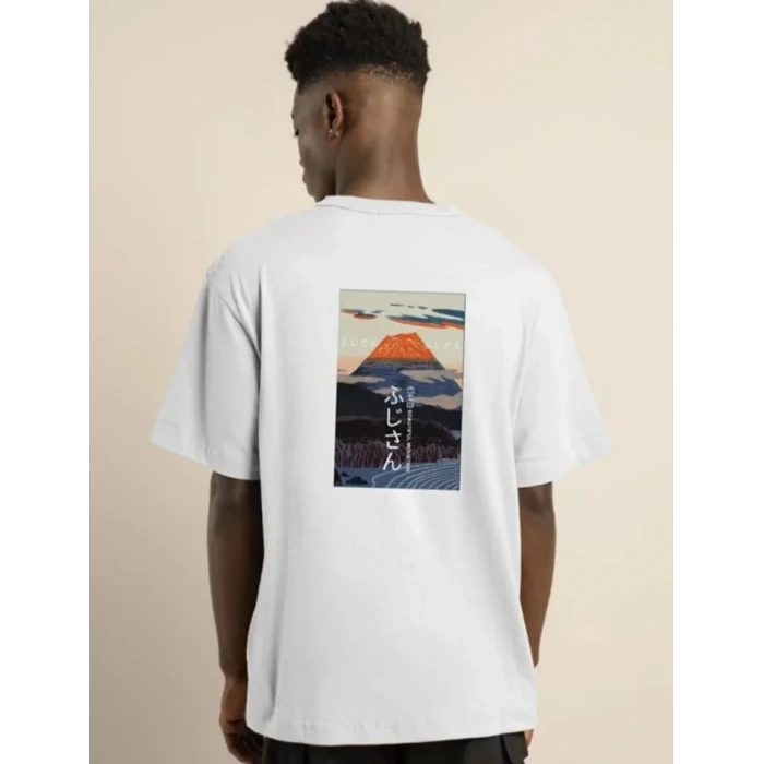 MDB Unisex Bisiklet Yaka Baskılı Oversize Thirt  Beyaz