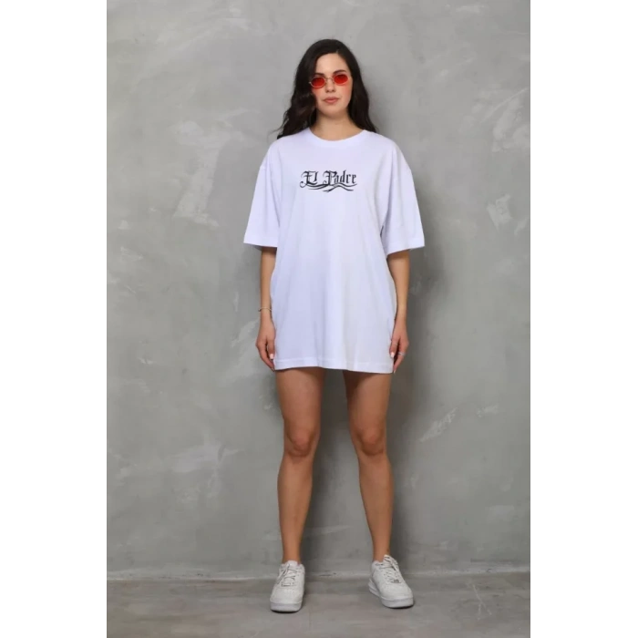 MDB Unisex Bisiklet Yaka Baskılı Oversize Thirt  Beyaz