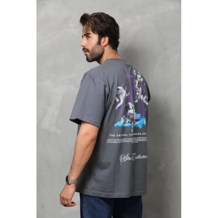 MDB Unisex Bisiklet Yaka Baskılı Oversize Thirt  Füme