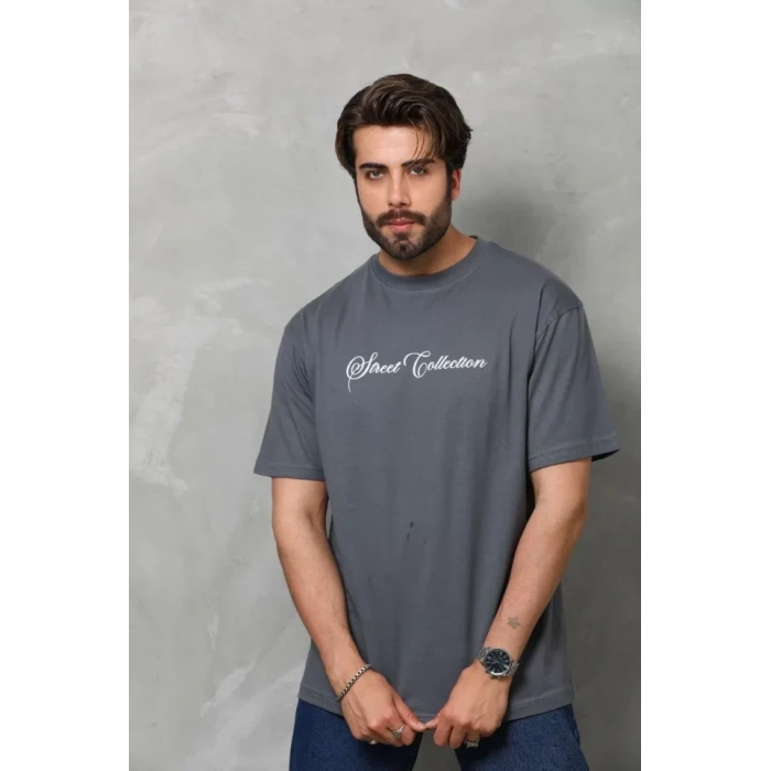 MDB Unisex Bisiklet Yaka Baskılı Oversize Thirt  Füme