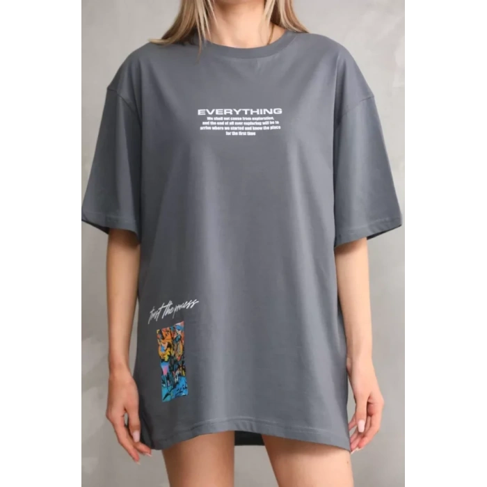 MDB Unisex Bisiklet Yaka Baskılı Oversize Thirt  Gri