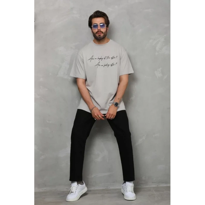 MDB Unisex Bisiklet Yaka Baskılı Oversize Thirt  Gri