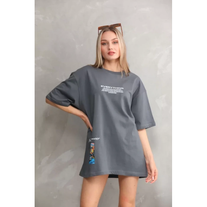 MDB Unisex Bisiklet Yaka Baskılı Oversize Thirt  Gri