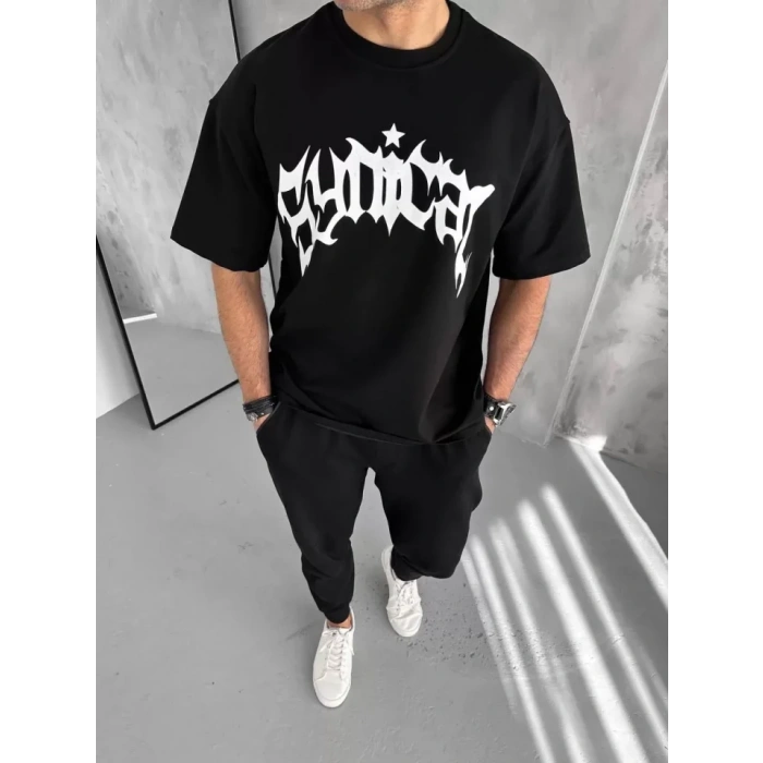 MDB Unisex Bisiklet Yaka Baskılı Oversize Thirt  iyah