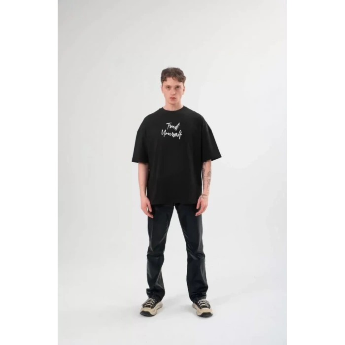 MDB Unisex Bisiklet Yaka Baskılı Oversize Thirt  iyah