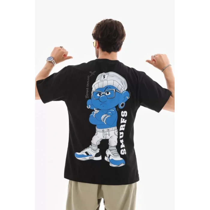 MDB Unisex Bisiklet Yaka Baskılı Oversize Thirt  iyah