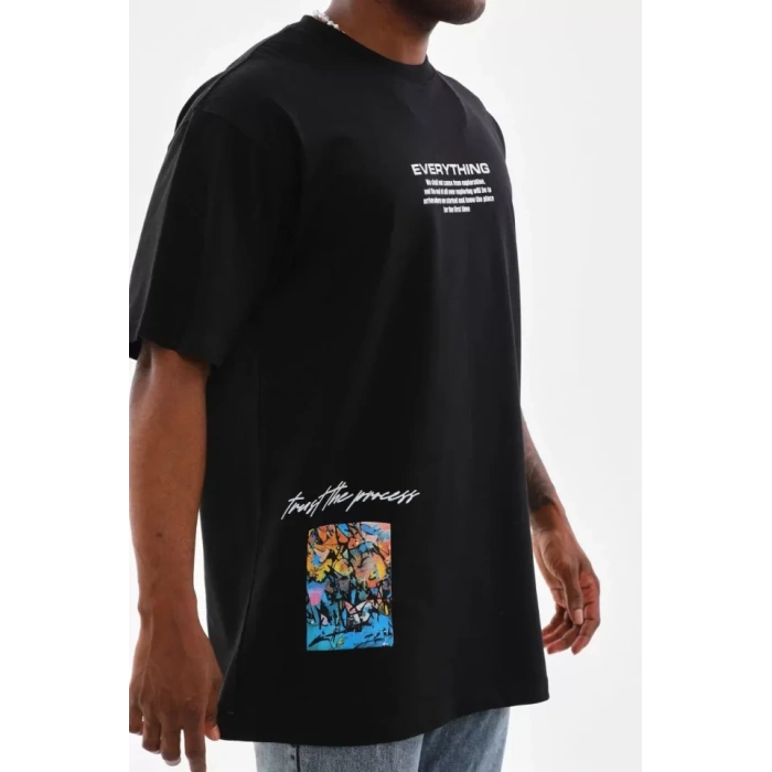 MDB Unisex Bisiklet Yaka Baskılı Oversize Thirt  iyah