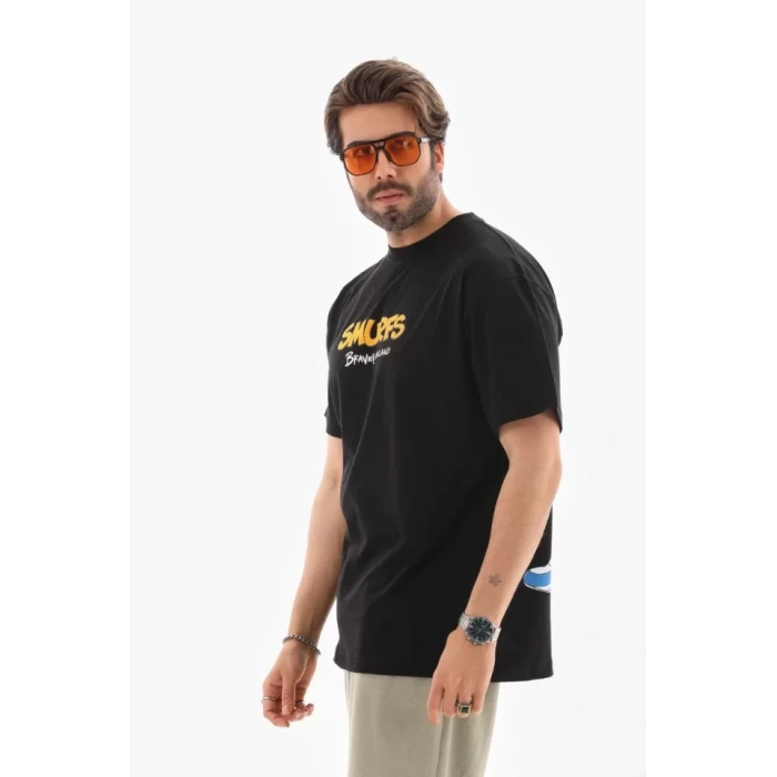 MDB Unisex Bisiklet Yaka Baskılı Oversize Thirt  iyah