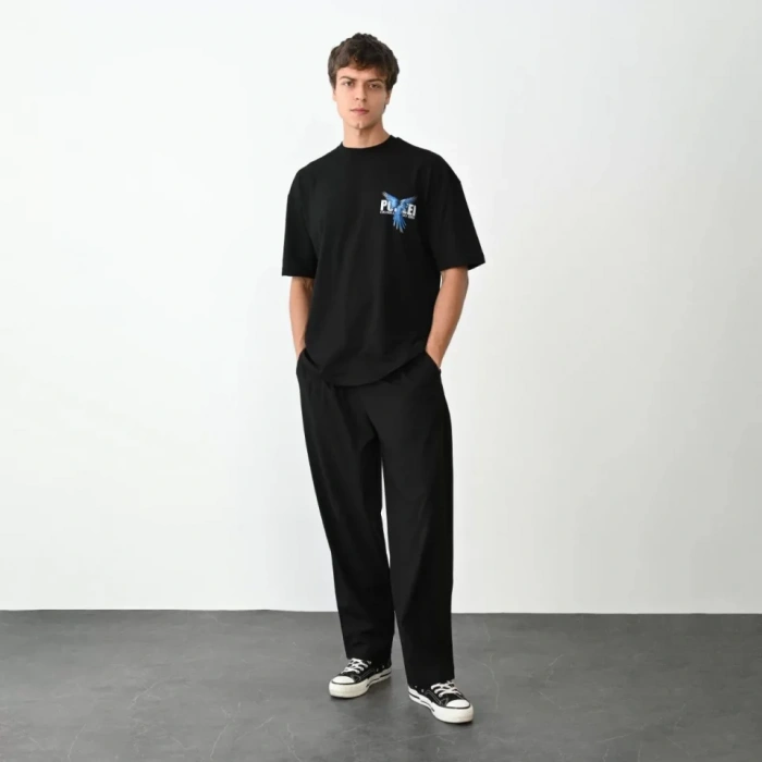 MDB Unisex Bisiklet Yaka Baskılı Oversize Thirt  iyah