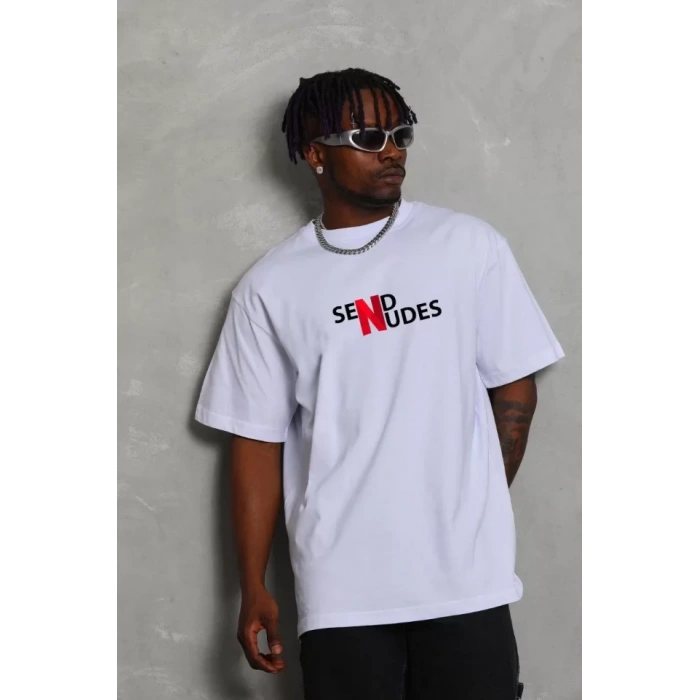 MDB Unisex Bisiklet Yaka Double Oversize Baskılı Thirt  Beyaz