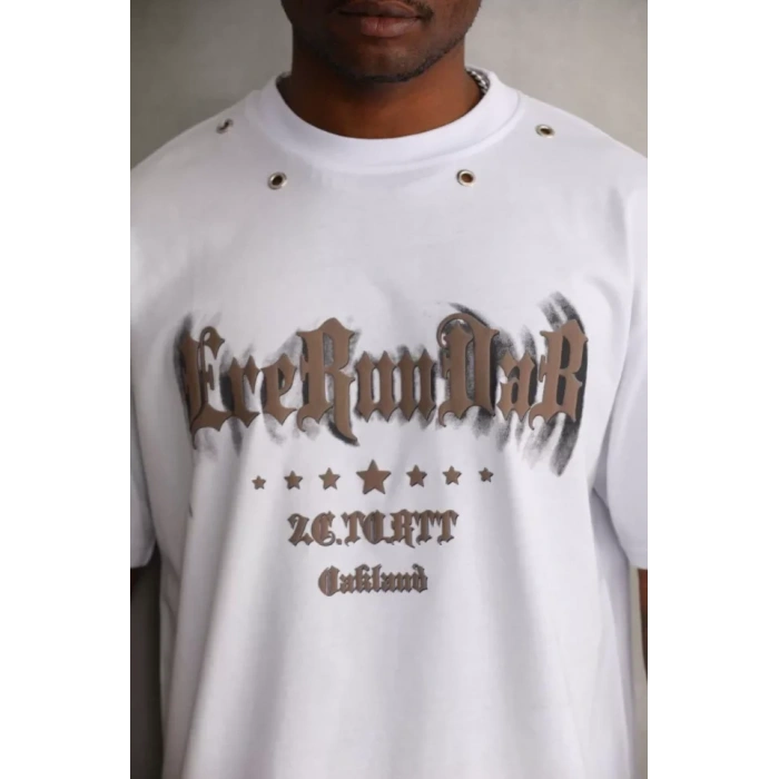 MDB Unisex Kuşgözü Detaylı Baskılı Oversize Thirt  Beyaz