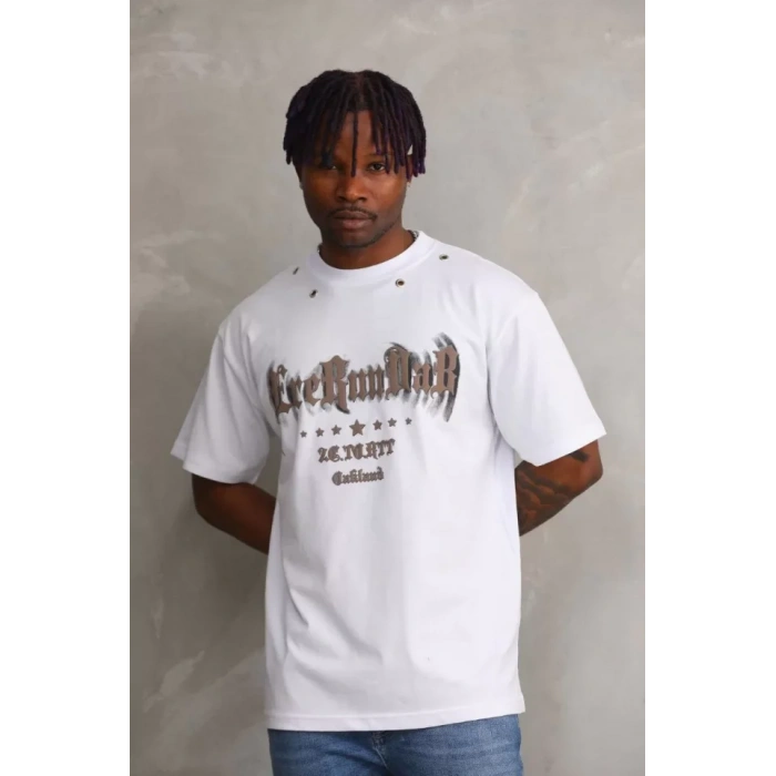 MDB Unisex Kuşgözü Detaylı Baskılı Oversize Thirt  Beyaz