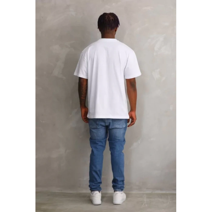 MDB Unisex Kuşgözü Detaylı Baskılı Oversize Thirt  Beyaz