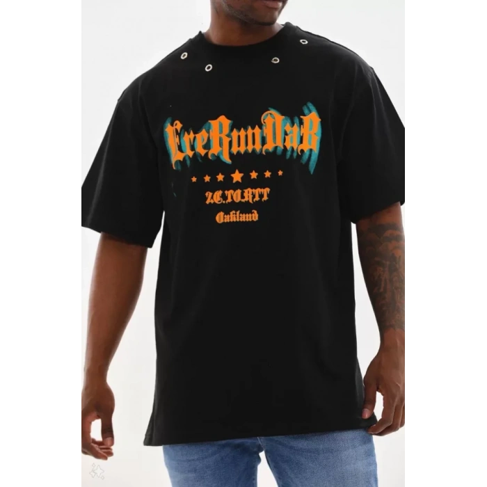 MDB Unisex Kuşgözü Detaylı Baskılı Oversize Thirt  iyah