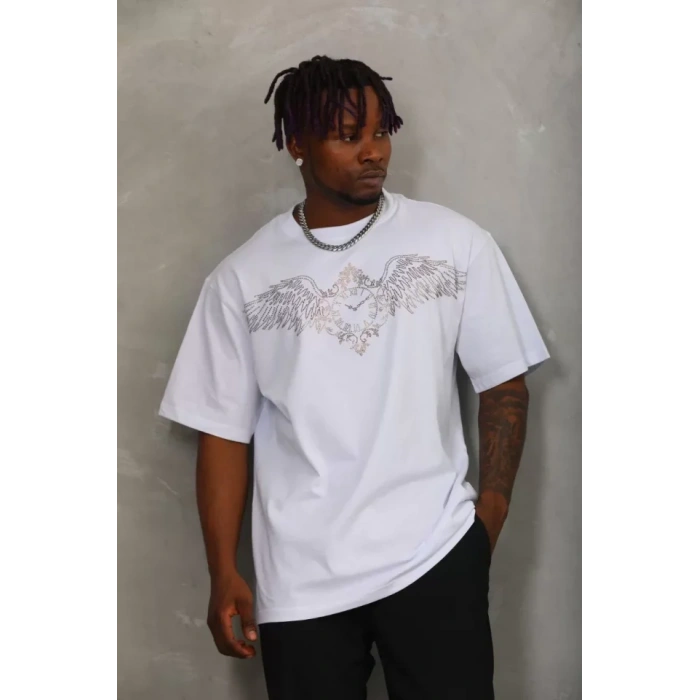 MDB Unisex Oversize Taşlı Bisiklet Yaka Thirt  Beyaz