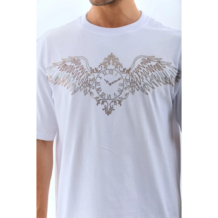 MDB Unisex Oversize Taşlı Bisiklet Yaka Thirt  Beyaz