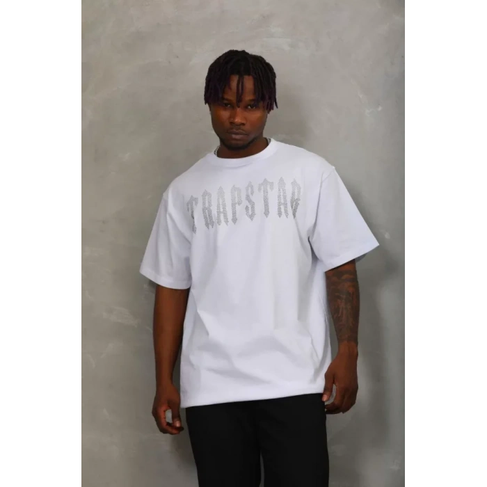 MDB Unisex Oversize Taşlı Bisiklet Yaka Thirt  Beyaz