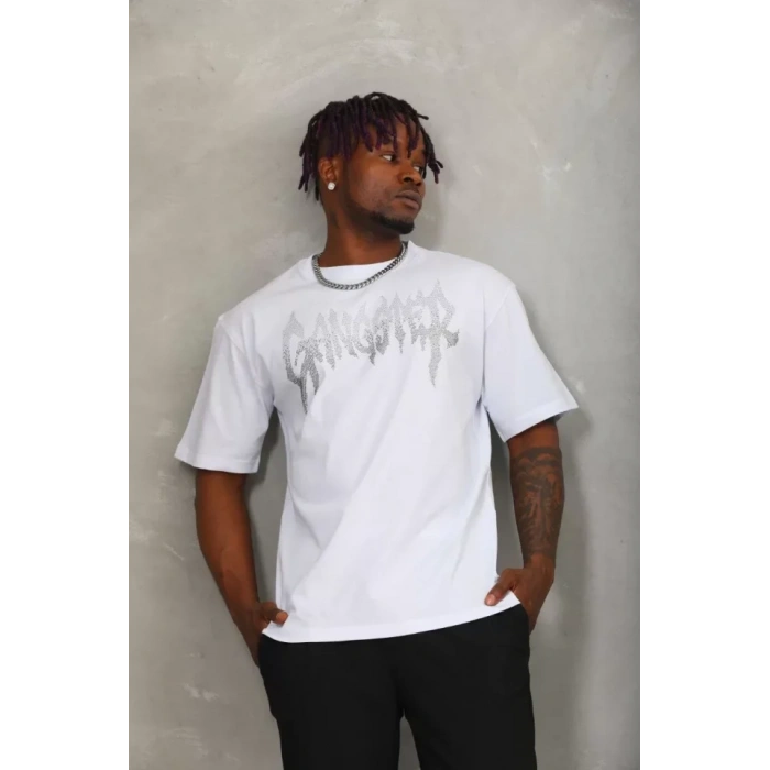 MDB Unisex Oversize Taşlı Bisiklet Yaka Thirt  Beyaz