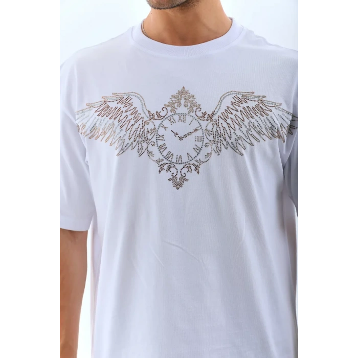 MDB Unisex Oversize Taşlı Bisiklet Yaka Thirt  Beyaz