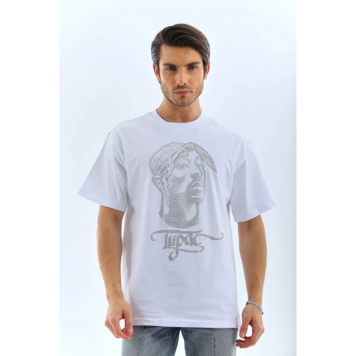 MDB Unisex Oversize Taşlı Bisiklet Yaka Thirt  Beyaz