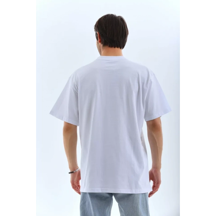 MDB Unisex Oversize Taşlı Bisiklet Yaka Thirt  Beyaz