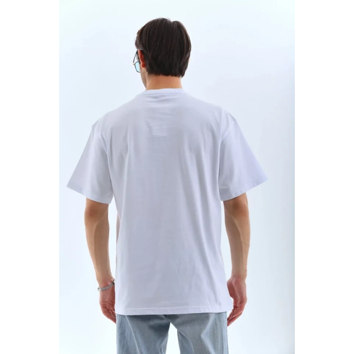 MDB Unisex Oversize Taşlı Bisiklet Yaka Thirt  Beyaz