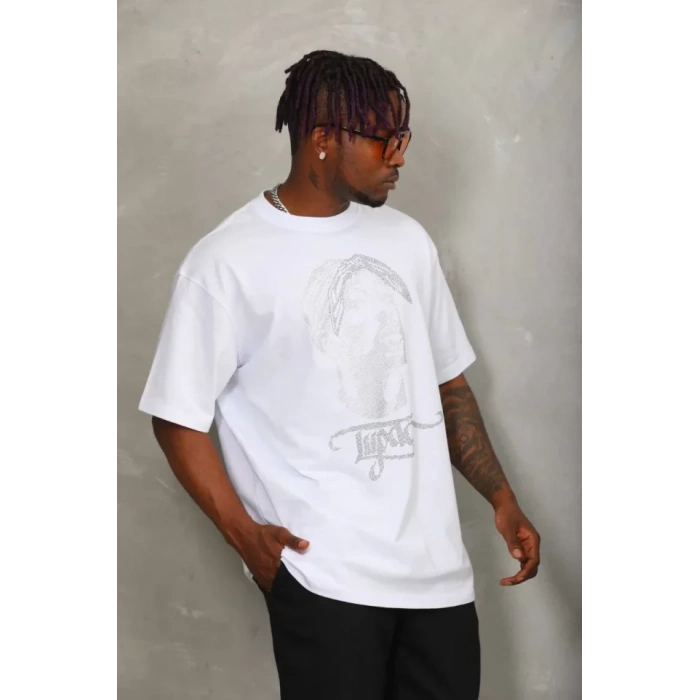 MDB Unisex Oversize Taşlı Bisiklet Yaka Thirt  Beyaz