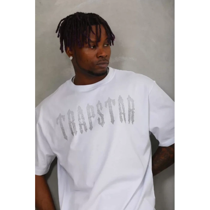 MDB Unisex Oversize Taşlı Bisiklet Yaka Thirt  Beyaz