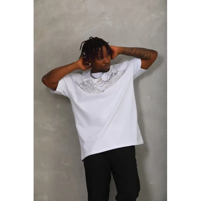 MDB Unisex Oversize Taşlı Bisiklet Yaka Thirt  Beyaz