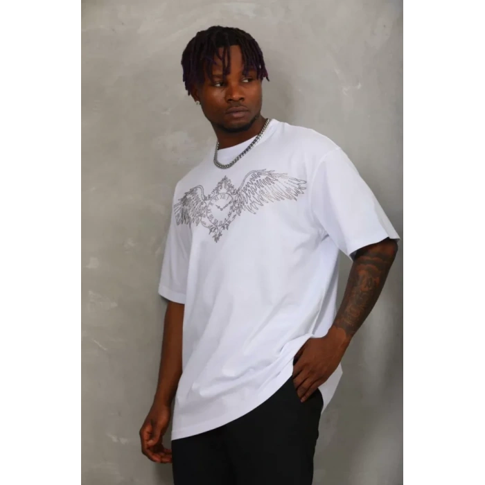 MDB Unisex Oversize Taşlı Bisiklet Yaka Thirt  Beyaz