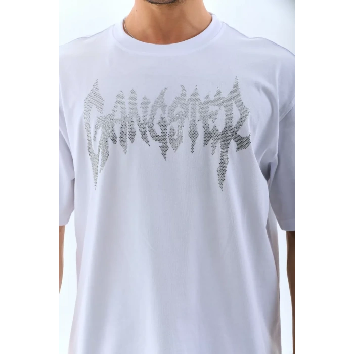 MDB Unisex Oversize Taşlı Bisiklet Yaka Thirt  Beyaz