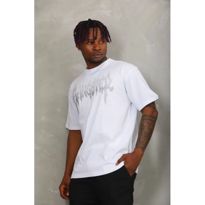 MDB Unisex Oversize Taşlı Bisiklet Yaka Thirt  Beyaz