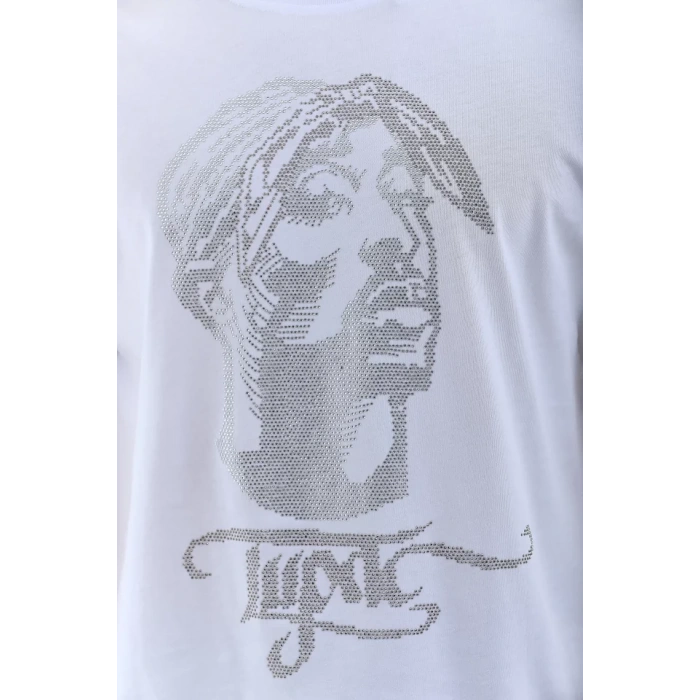 MDB Unisex Oversize Taşlı Bisiklet Yaka Thirt  Beyaz